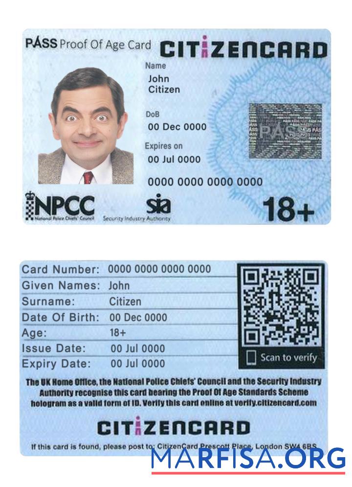 Printable United Kingdom pass proof of age citizencard download for verification